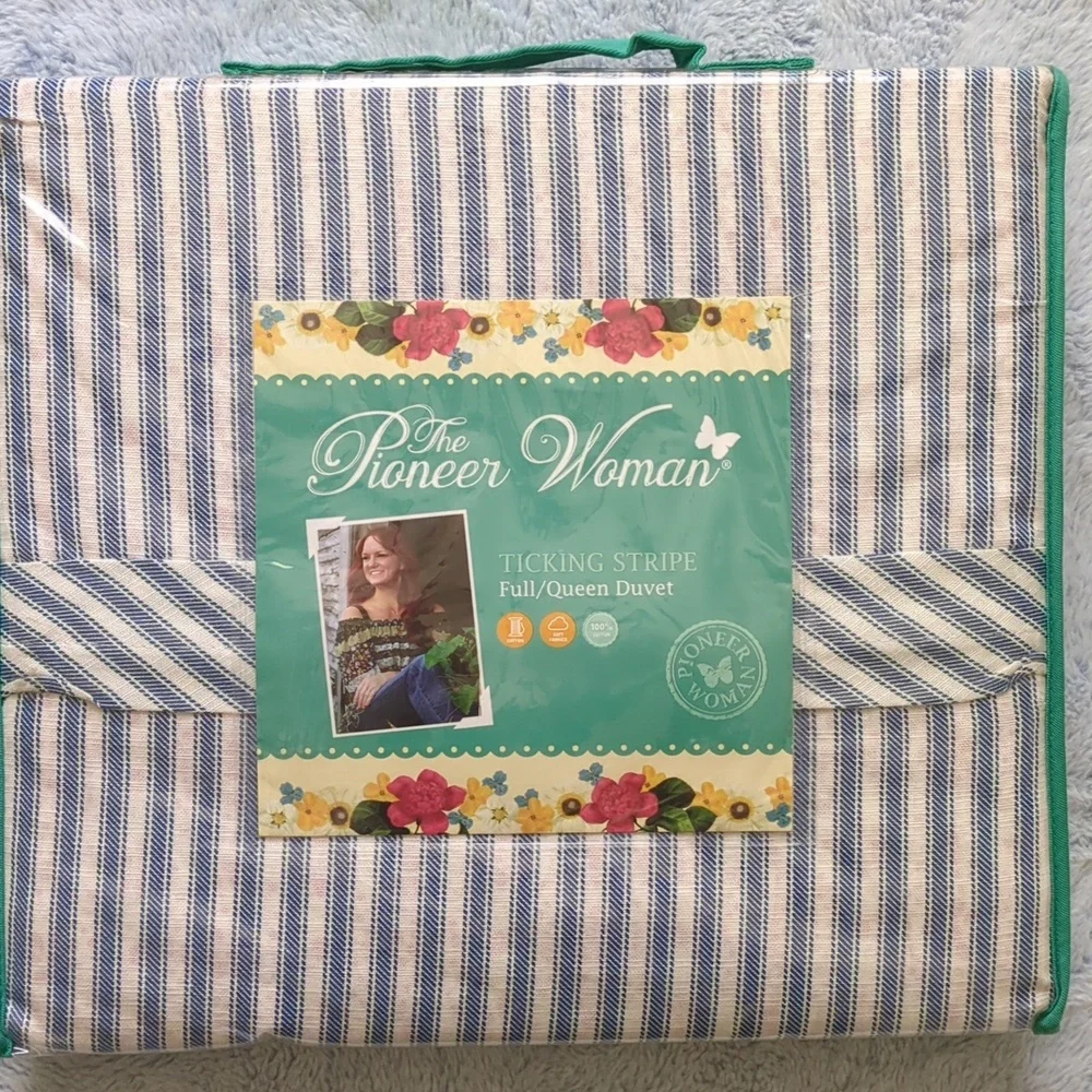NWT Pioneer Woman Full/Queen Blue White Ticking Stripe Duvet Cover
